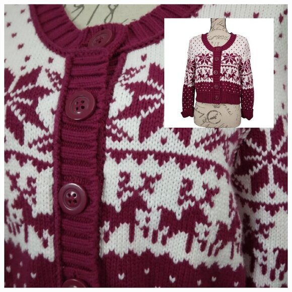 Decree | Holiday Christmas Winter Cardigan Cropped White Magenta | Sz S/M - Picture 1 of 7